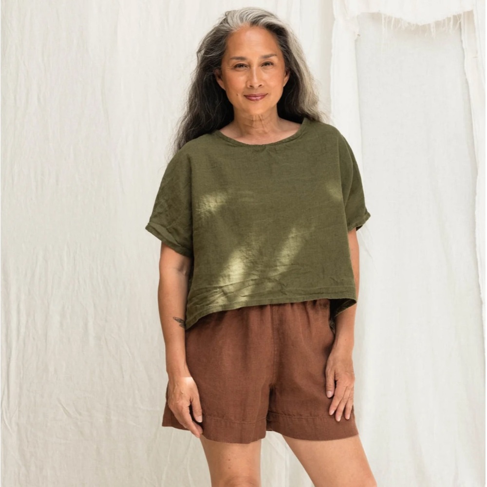 Elizabeth Suzann Linn Tee Verte S/M Linen Crop Top Boxy Oversized Olive Green